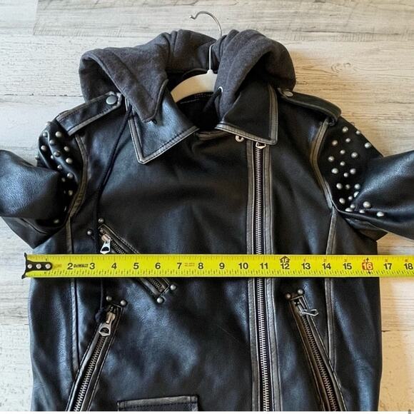 Zara Moto Distressed Faux Leather Studded Jacket with Sweatshirt Hood XS Black - Picture 12 of 16